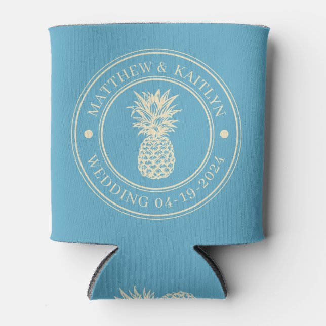 Aqua Sky Pineapple Wedding Crest & Names Can Cooler (Front)