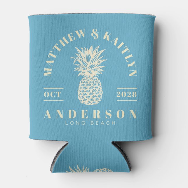 Aqua Sky Tropical Pineapple Wedding Crest Can Cooler (Front)