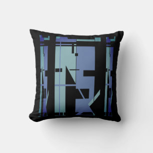 Aqua Slate Blue on Black Tribal Art Mosaic Design Cushion