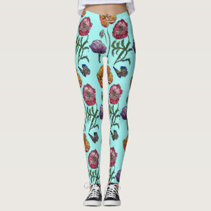 Aqua Small Poppy Floral Watercolor Leggings