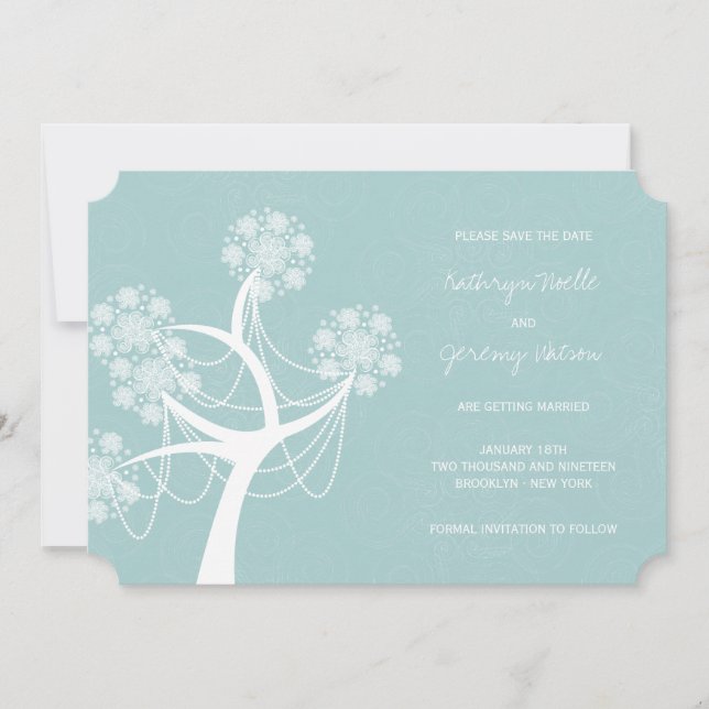 Aqua Snow Flower Tree Winter Wedding Save The Date Invitation (Front)