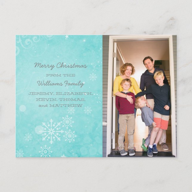 Aqua Snowflake Swirls Holiday Photo Postcard (Front)