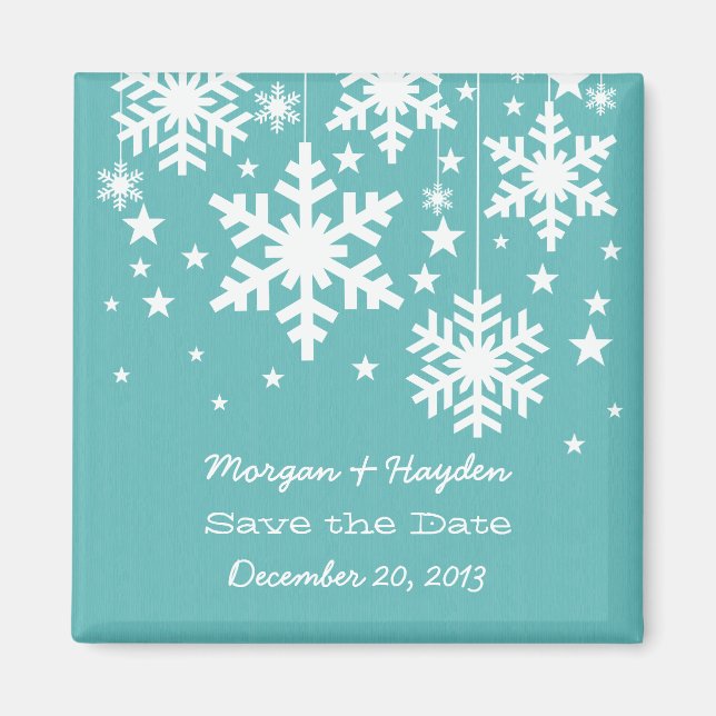 Aqua Snowflakes and Stars Save the Date Magnet (Front)