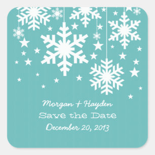 Aqua Snowflakes and Stars Save the Date Stickers