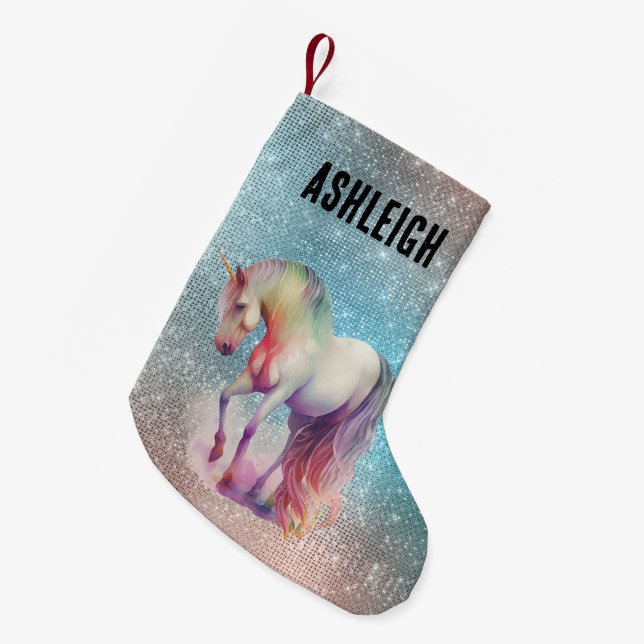 Aqua Sparkle Unicorn Name Small Christmas Stocking (Front (Hanging))