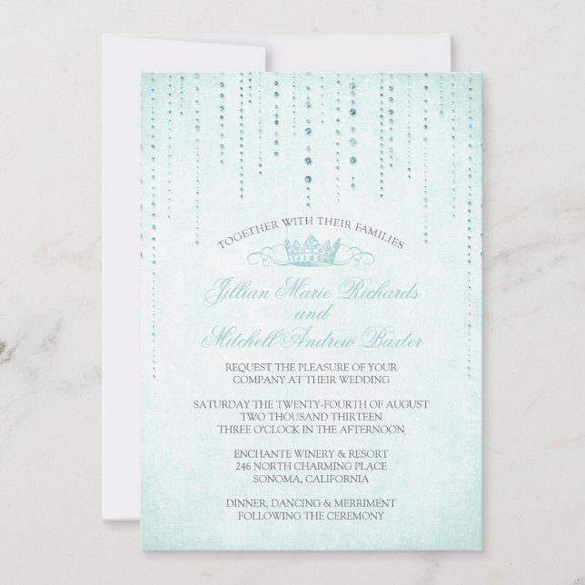Aqua Sparkles & Crown Fairytale Wedding Invitation (Front)