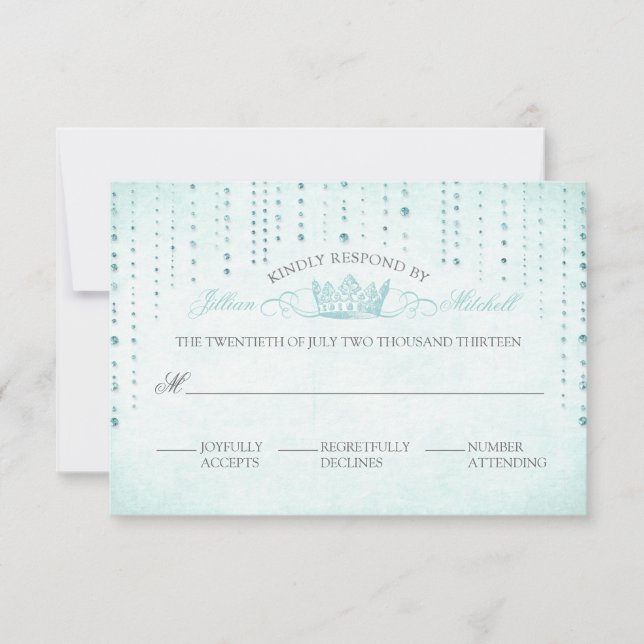 Aqua Sparkles & Crown Fairytale Wedding RSVP Card (Front)