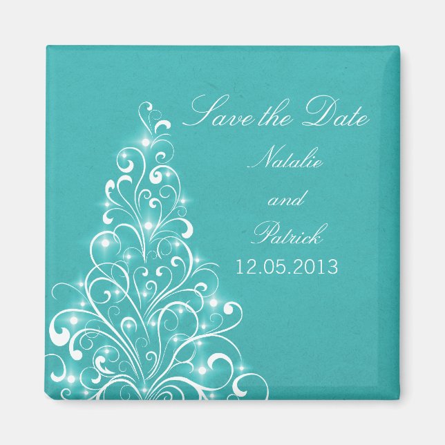 Aqua Sparkly Holiday Tree Save the Date Magnet (Front)