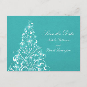 Aqua Sparkly Holiday Tree Save the Date Postcard