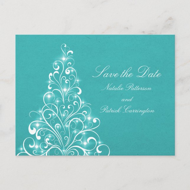 Aqua Sparkly Holiday Tree Save the Date Postcard (Front)