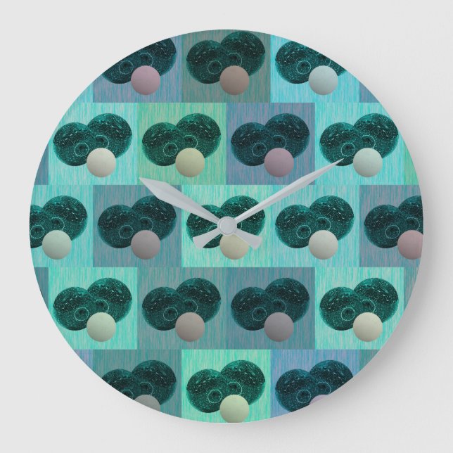 Aqua Speckled Lawn Bowls Checked Pattern, Large Clock (Front)