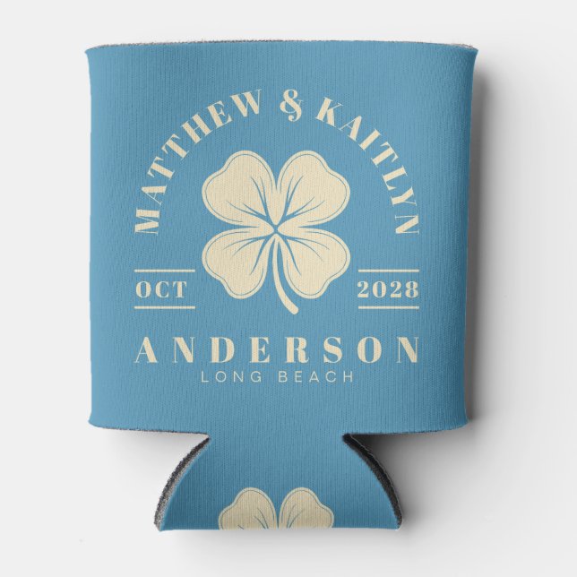 Aqua Splash Irish Lucky Clover Wedding Crest Can Cooler (Front)