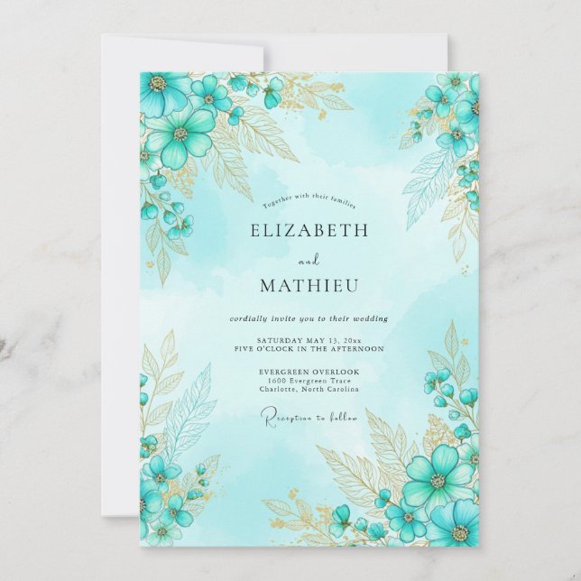 Aqua Splendid Watercolor Wedding Invitation (Front)
