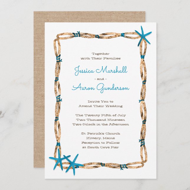 Aqua Starfish and Burlap Wedding Invitation (Front/Back)