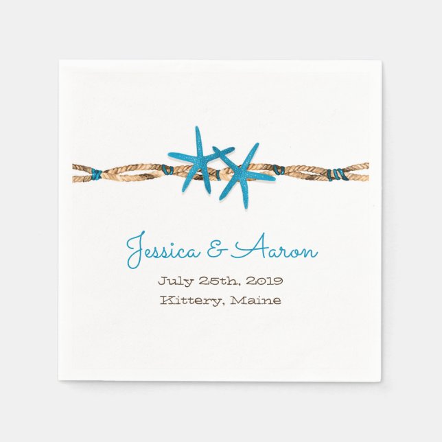 Aqua Starfish and Nautical Rope Wedding Napkin (Front)