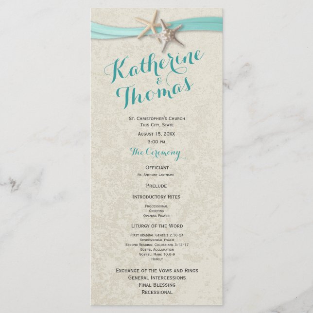 Aqua Starfish and Ribbon Beach Wedding Program (Front)