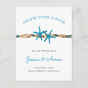 Aqua Starfish and Rope Save the Date Announcement Postcard