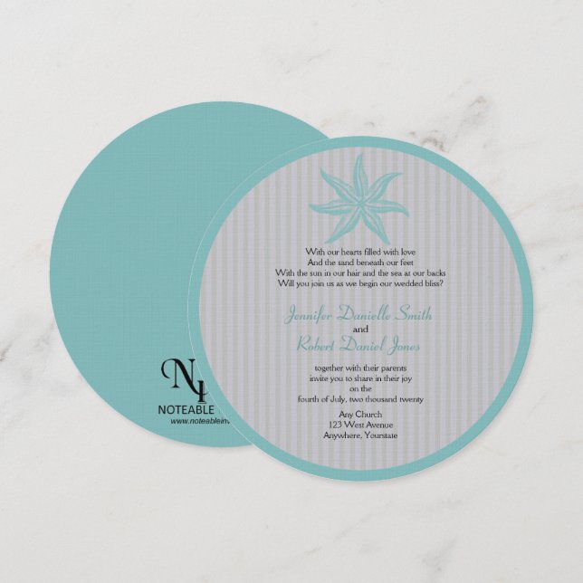 Aqua Starfish Stripe Beach Wedding Invitation (Front/Back)