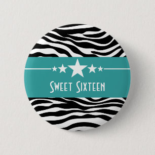 Aqua Stars Zebra Print Sweet 16 Button