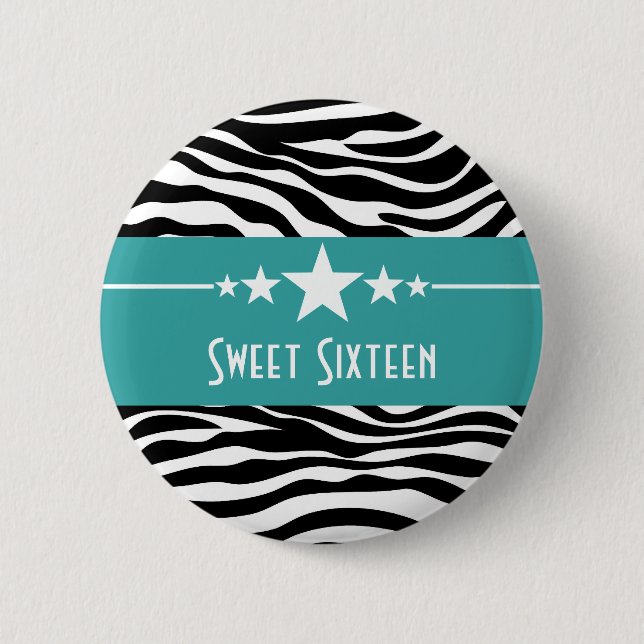 Aqua Stars Zebra Print Sweet 16 Button (Front)
