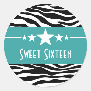 Aqua Stars Zebra Print Sweet 16 Stickers