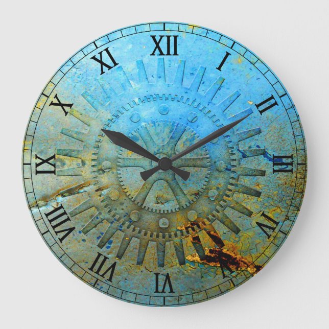 Aqua Steampunk Gears Wall Clock (Front)
