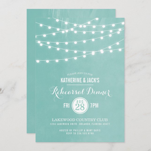 Aqua String Lights Rehearsal Dinner Invitation (Front/Back)