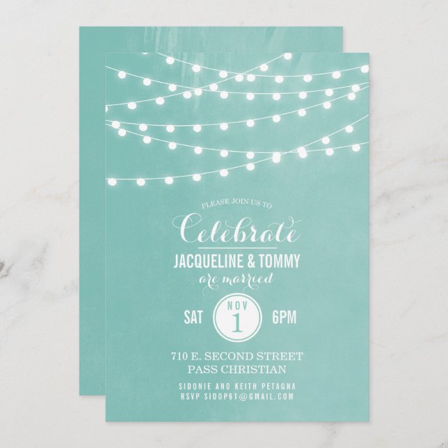 Aqua String Lights Wedding Celebration Invitation (Front/Back)