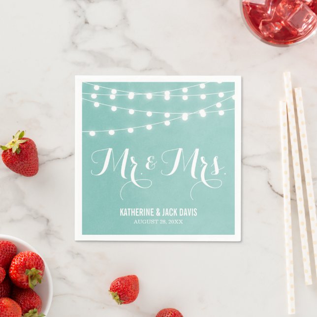 Aqua String Lights Wedding Monogram Napkin (Insitu)
