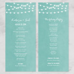 Aqua String Lights Wedding Program<br><div class="desc">Chic modern summer wedding ceremony program template with simple elegant glowing string lights hanging across the top on a printed faux watercolor texture background. A simple and stylish preppy design, perfect for summer! Click the CUSTOMIZE IT button to customise text and fonts, move text around and create your own unique...</div>