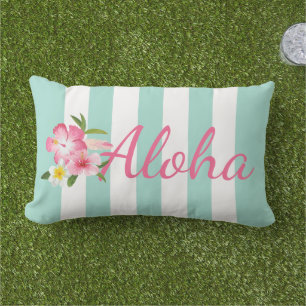 Aqua Stripe Aloha Hibiscus Tropical Lumbar Cushion
