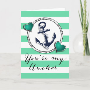 Aqua Stripes Nautical Anchor Valentine Holiday Card