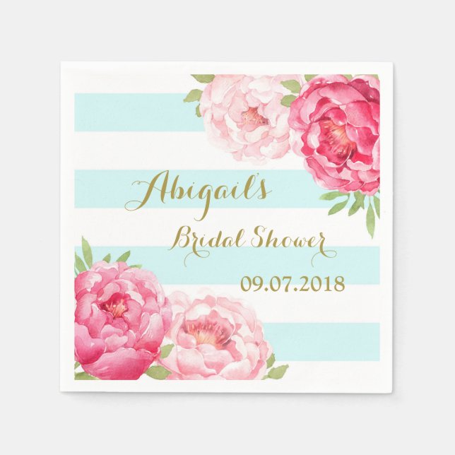 Aqua Stripes Pink Watercolor Bridal Shower Napkins (Front)