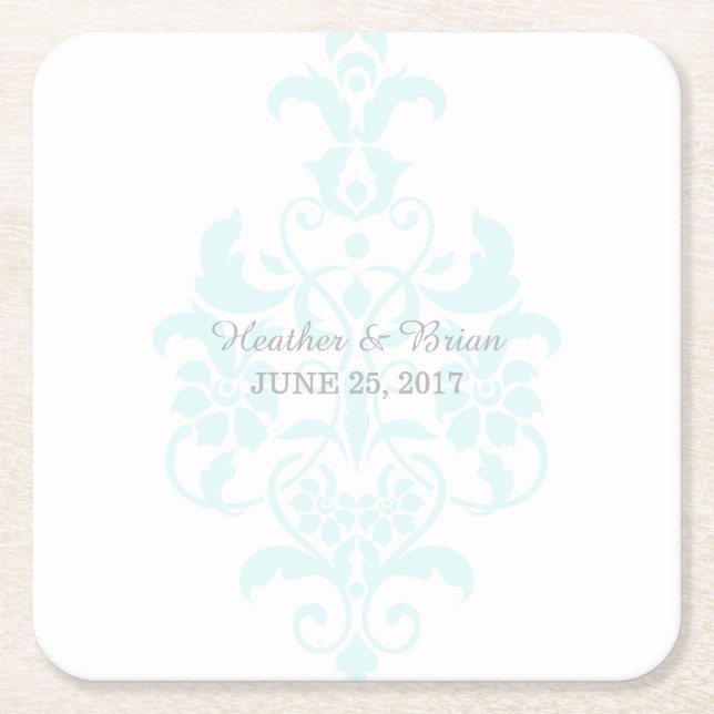 Aqua Subtle Damask Paper Coasters (Front)