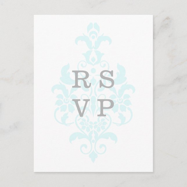 Aqua Subtle Damask Wedding RSVP Postcard (Front)