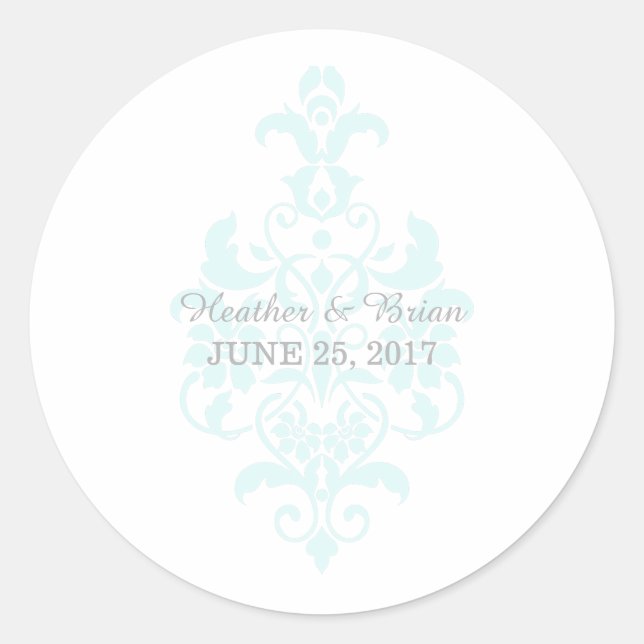 Aqua Subtle Damask Wedding Stickers (Front)