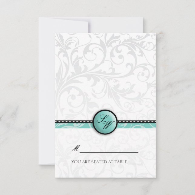 Aqua Swirl Monogram Folding Tent  Place Card (Front)