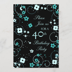 Aqua Swirls 40th Birthday Party Invitation Card