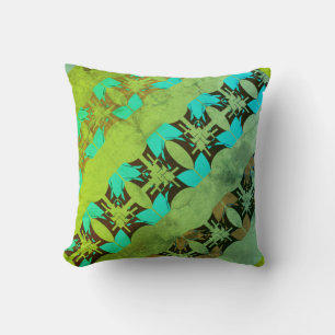 Aqua Tan Black on Lime Green Diagonal Mosaic Motif Cushion
