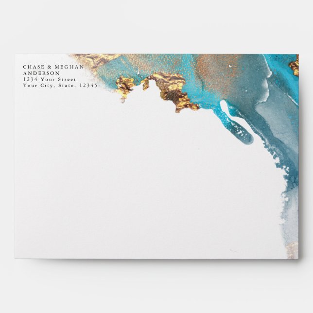 Aqua Teal and Gold Marbled Alcohol Ink Envelope (Front)