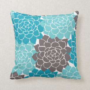 Aqua Teal and Graphite Grey Flower Collage Cushion