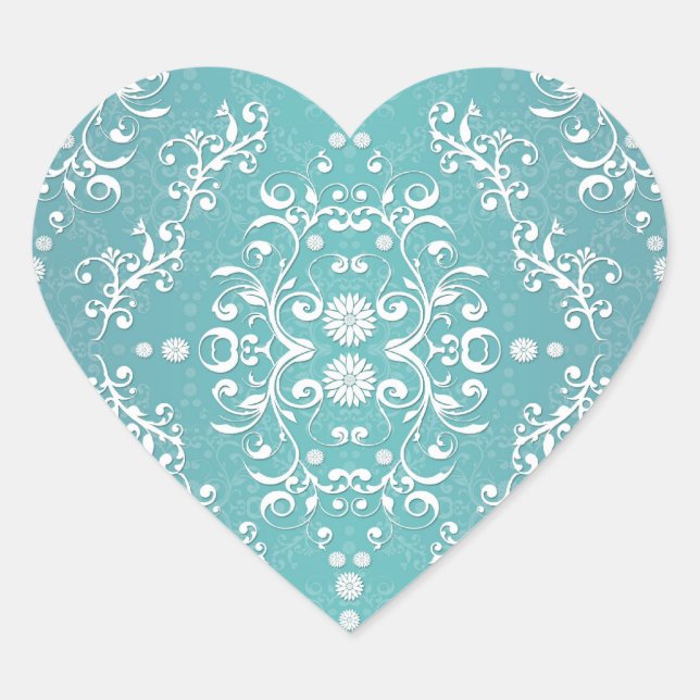 Aqua Teal and White Floral Damask Heart Sticker (Front)