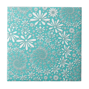 Aqua Teal and White Spring Flowers Pattern Ceramic Tile