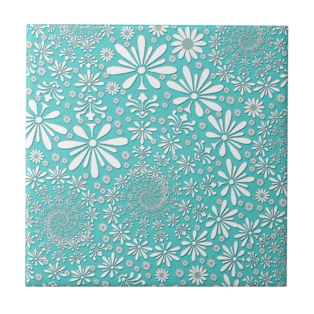 Aqua Teal and White Spring Flowers Pattern Ceramic Tile (Front)