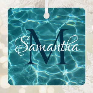 Aqua Teal and White Swimming Pool Photo Monogram Metal Tree Decoration