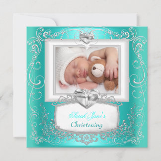 Aqua Teal Baby Girl Boy Christening Baptism Cross Invitation
