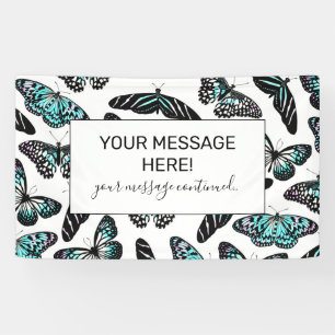 Aqua Teal Black Butterflies Watercolor Pattern Banner