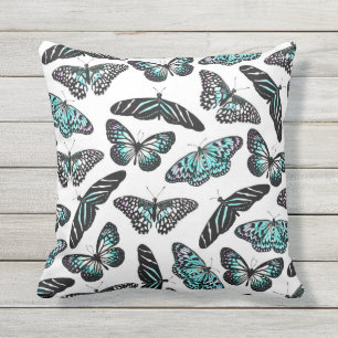 Aqua Teal Black Butterflies Watercolor Pattern Cushion