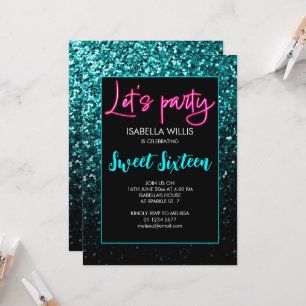 Aqua teal black sparkles Sweet 16 neon lets party  Invitation
