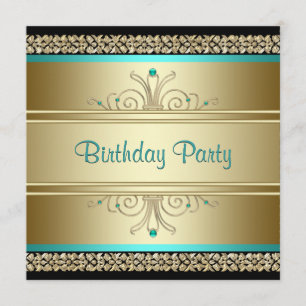 Aqua Teal Blue and Gold Birthday Party Invitation